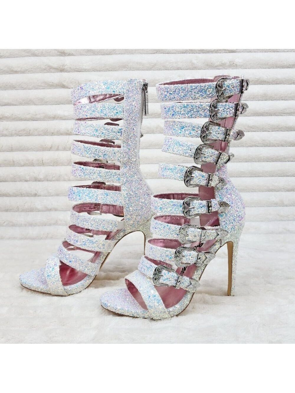 Sexy Wavy Strap up Front Ankle Boots Shooties Sparkling White Ice Glitter Heels